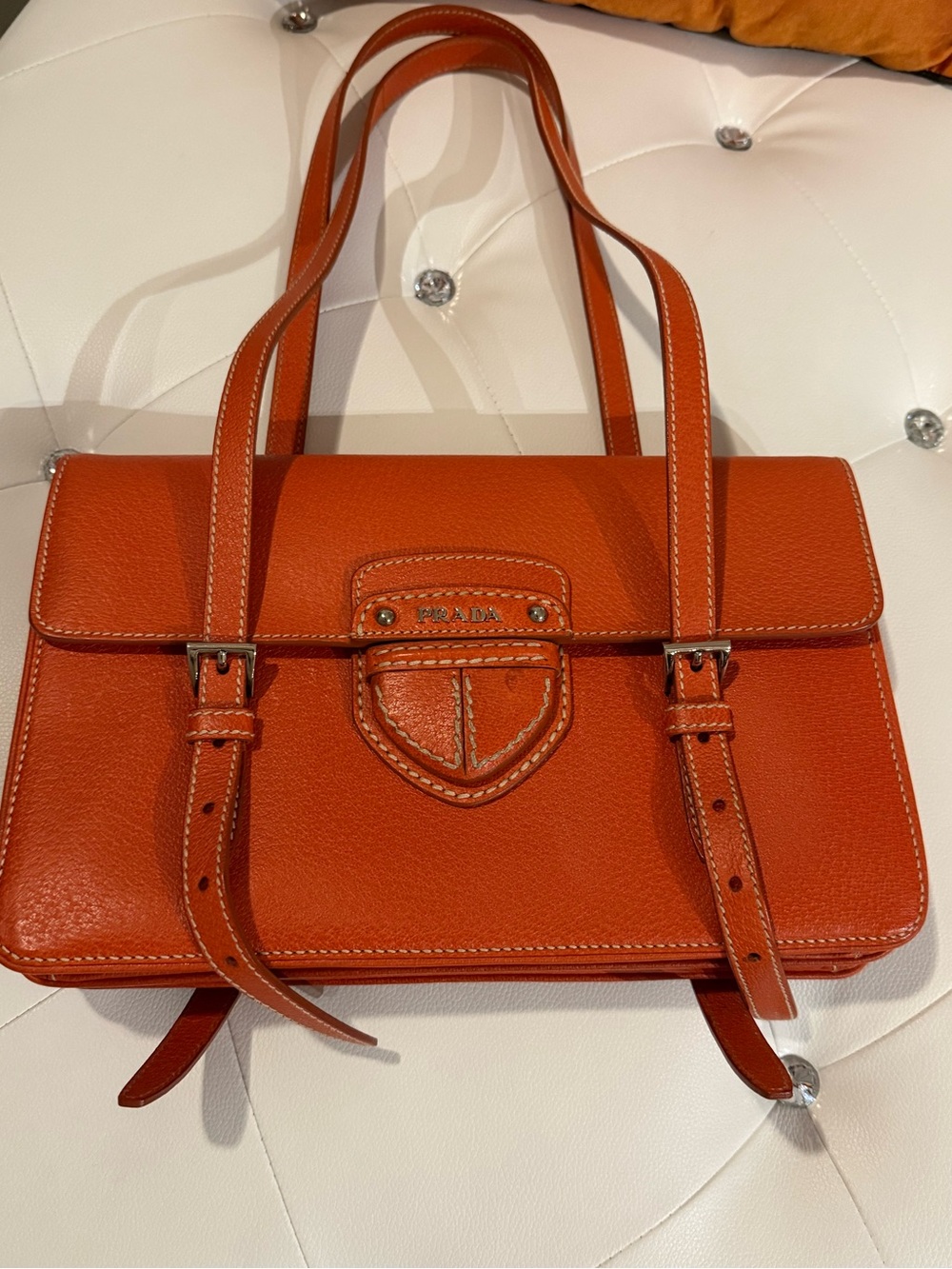Prada Orange Double-Strap Leather Shoulder Bag